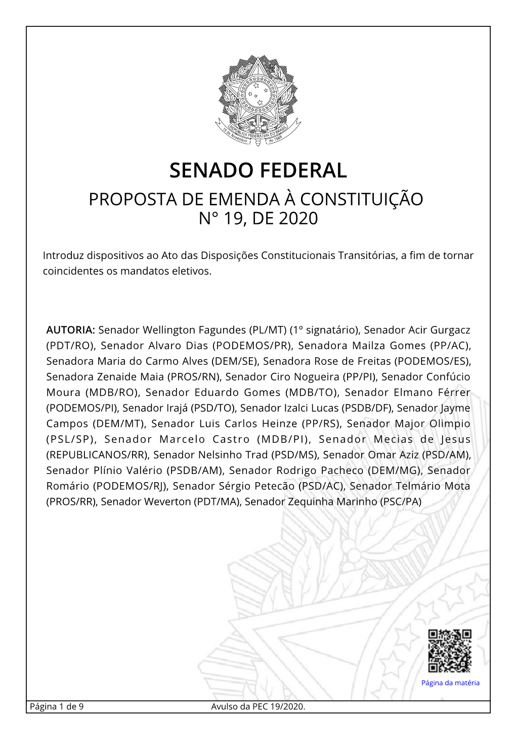 Senado Federal Proposta De Emenda À Constituição N° 19, De 2020
