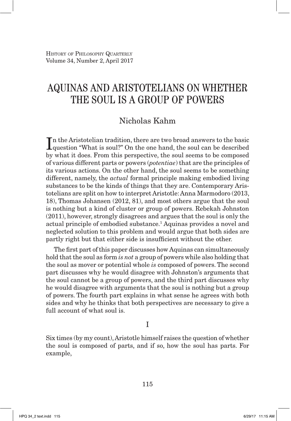 Aquinas and Aristotelians on Whether the Soul Is a Group of Powers