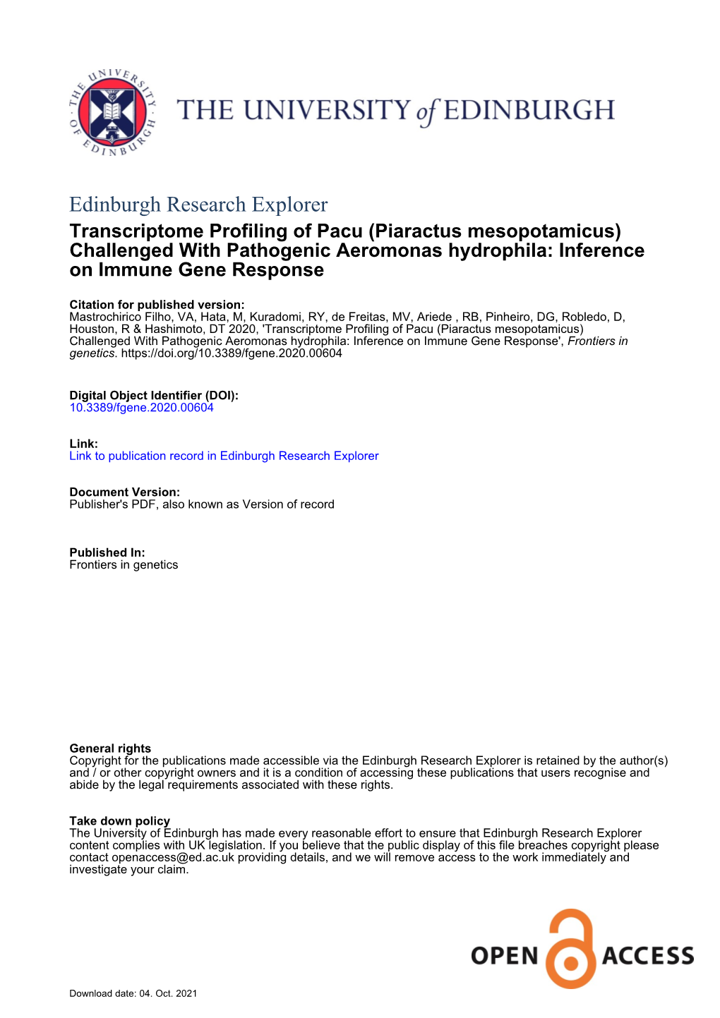 Transcriptome Profiling of Pacu (Piaractus Mesopotamicus) Challenged with Pathogenic Aeromonas Hydrophila: Inference on Immune Gene Response