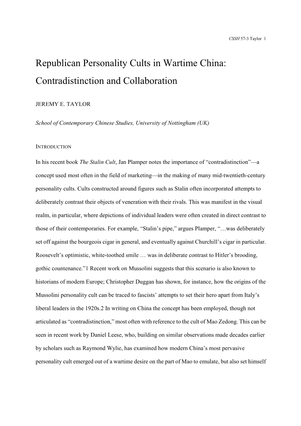 Republican Personality Cults in Wartime China: Contradistinction and Collaboration