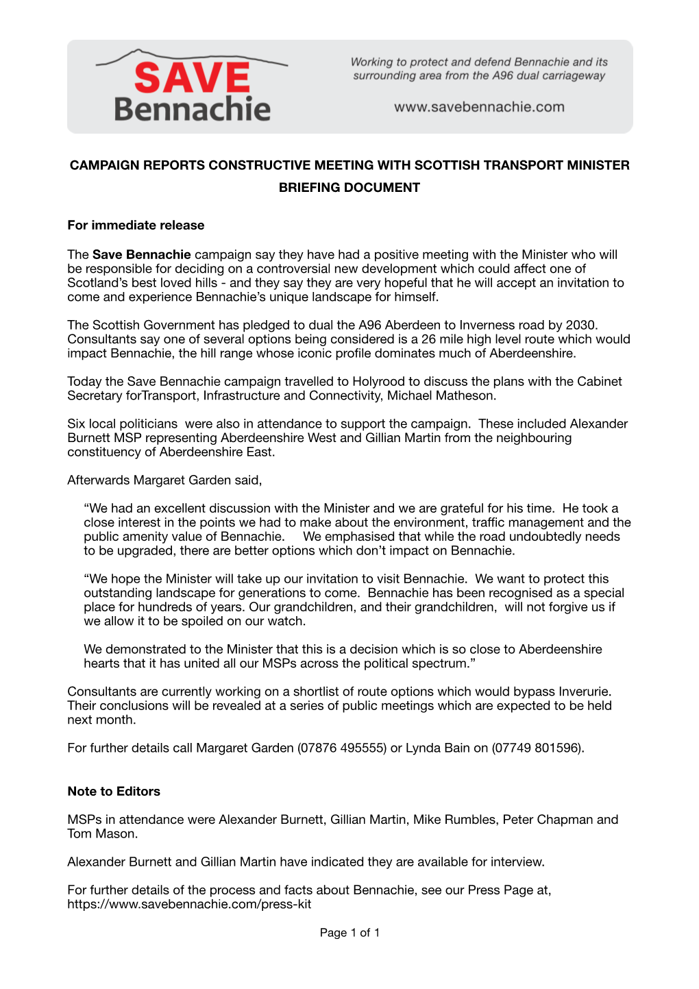 Campaign Reports Constructive Meeting with Scottish Transport Minister Briefing Document
