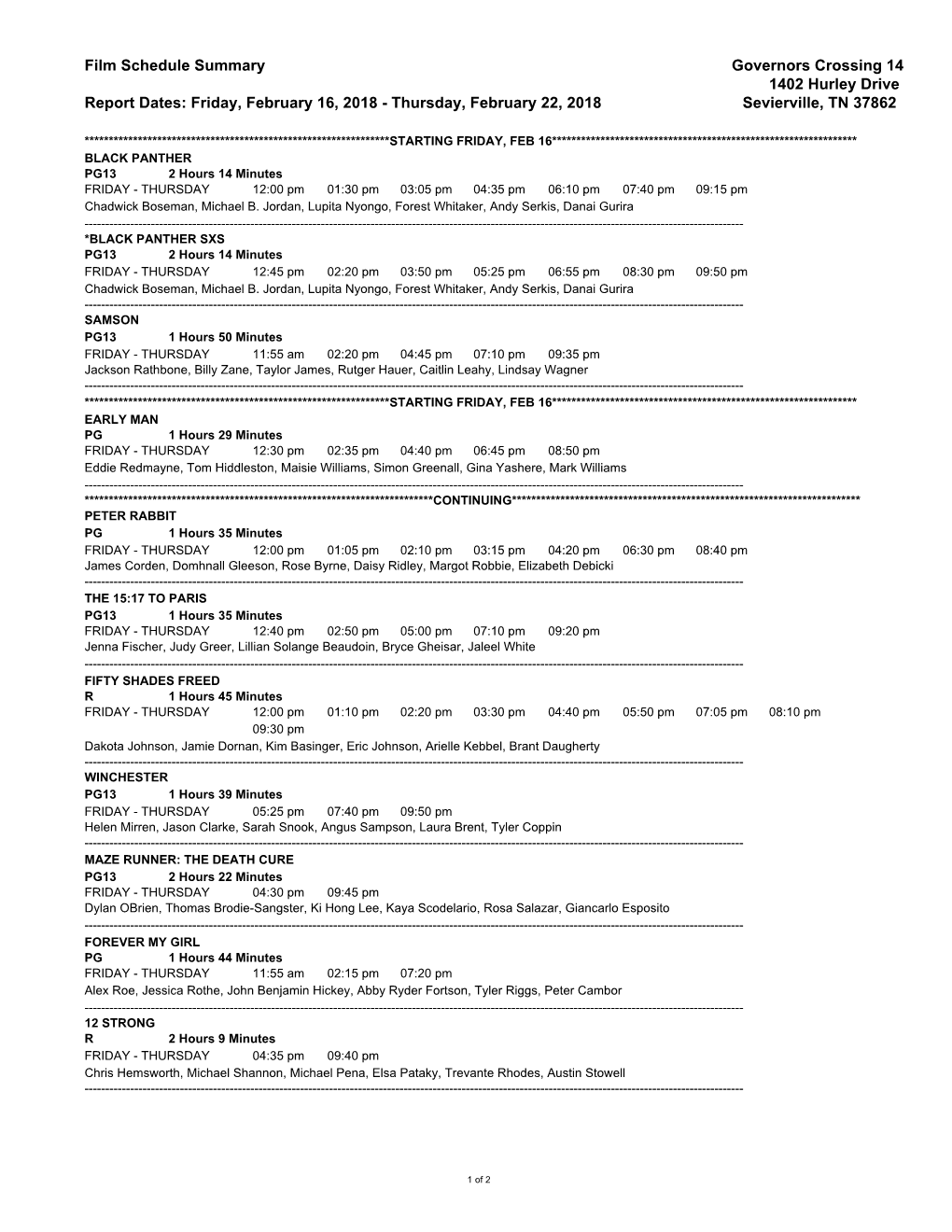 Film Schedule Summary Governors Crossing 14 1402 Hurley Drive Report Dates: Friday, February 16, 2018 - Thursday, February 22, 2018 Sevierville, TN 37862