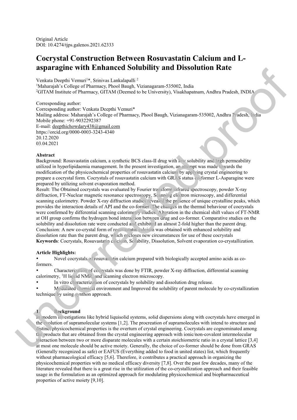 Cocrystal Construction Between Rosuvastatin Calcium and L- Asparagine with Enhanced Solubility and Dissolution Rate