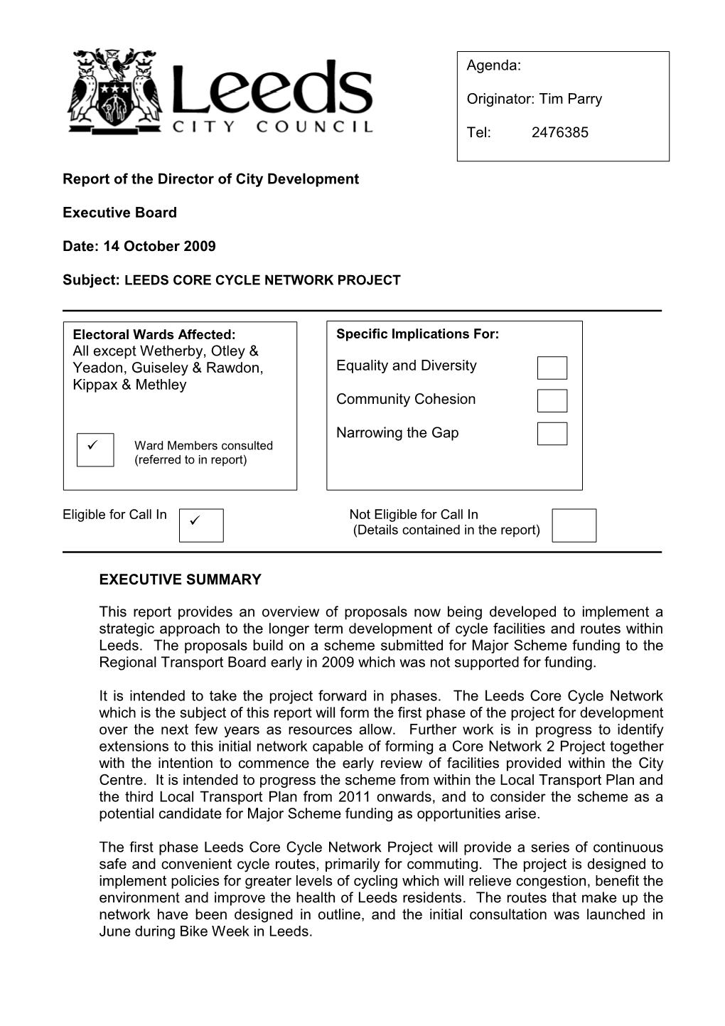 Report of the Director of City Development