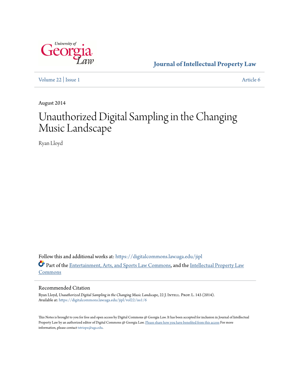 Unauthorized Digital Sampling in the Changing Music Landscape Ryan Lloyd