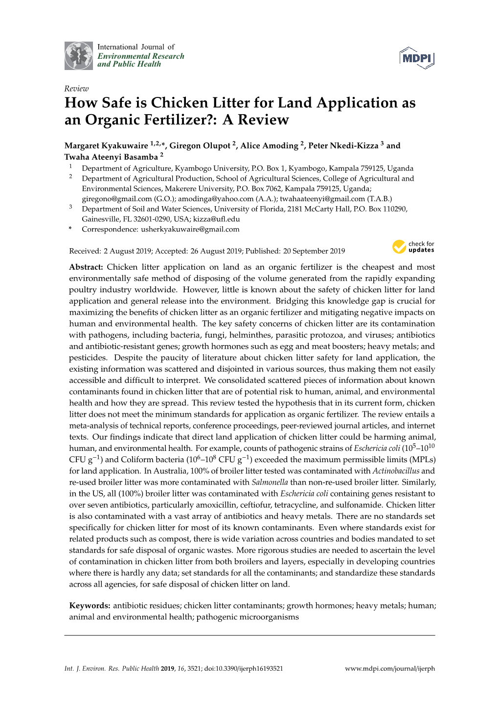 How Safe Is Chicken Litter for Land Application As an Organic Fertilizer?: a Review