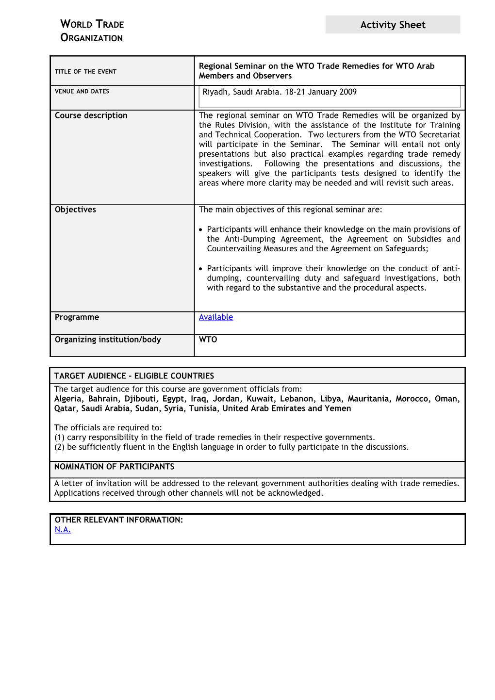 For the Wto Arab Members and Observers