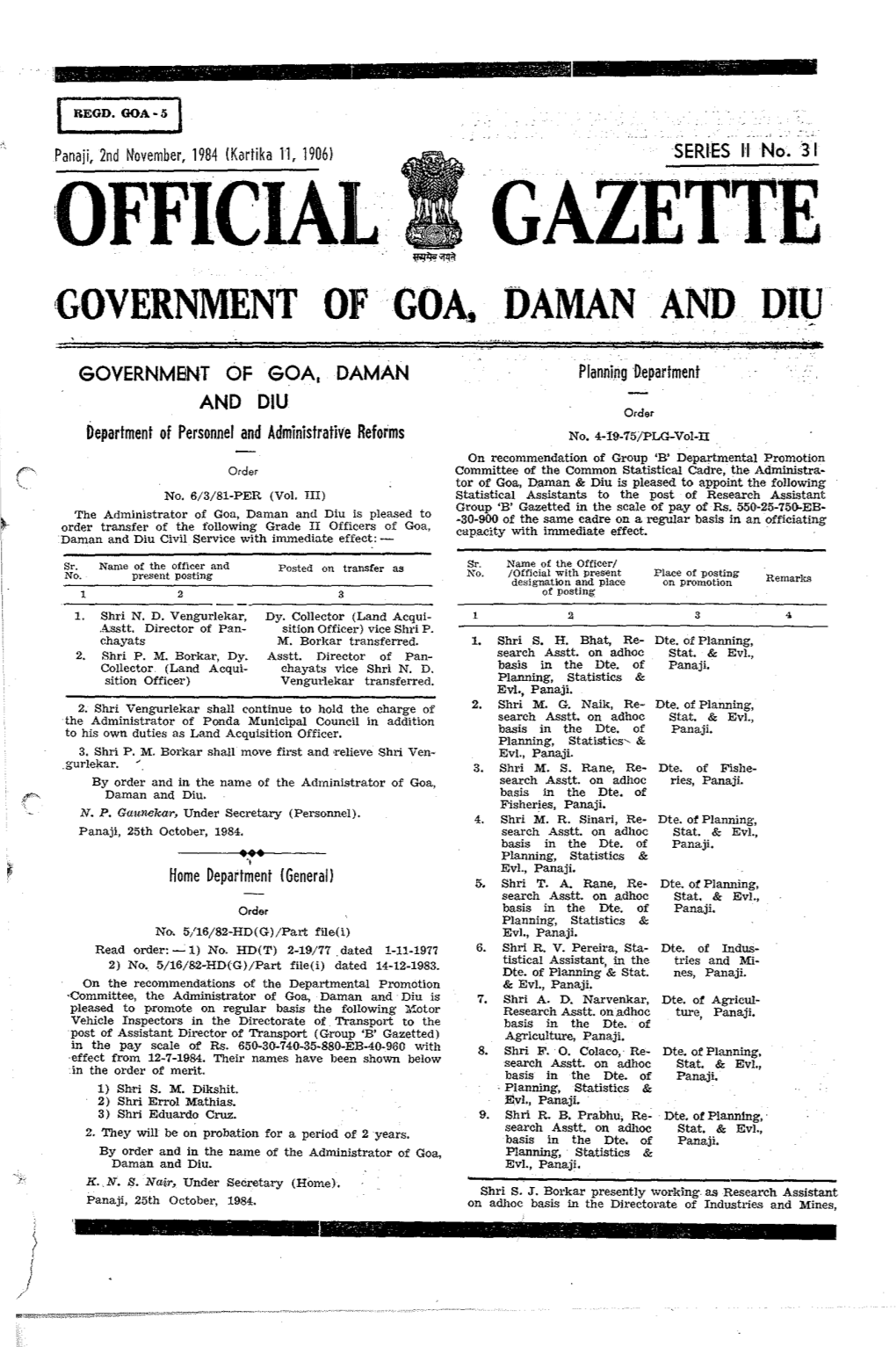 'OFFICIAL GAZETTE GOVERNMENT of Goai DAMAN and Dll)