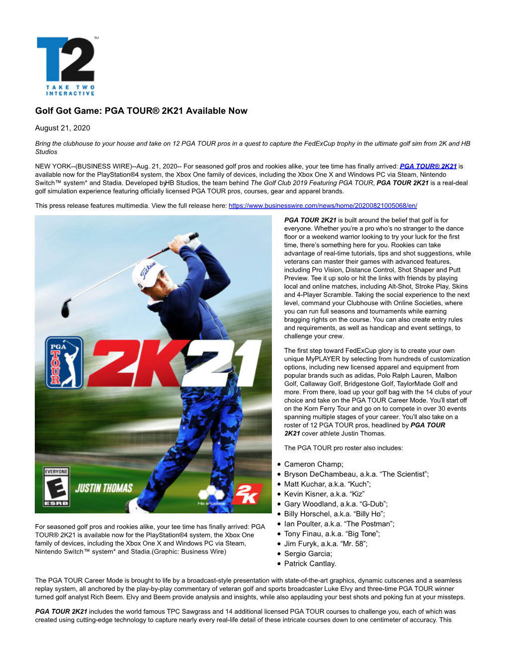 PGA TOUR® 2K21 Available Now