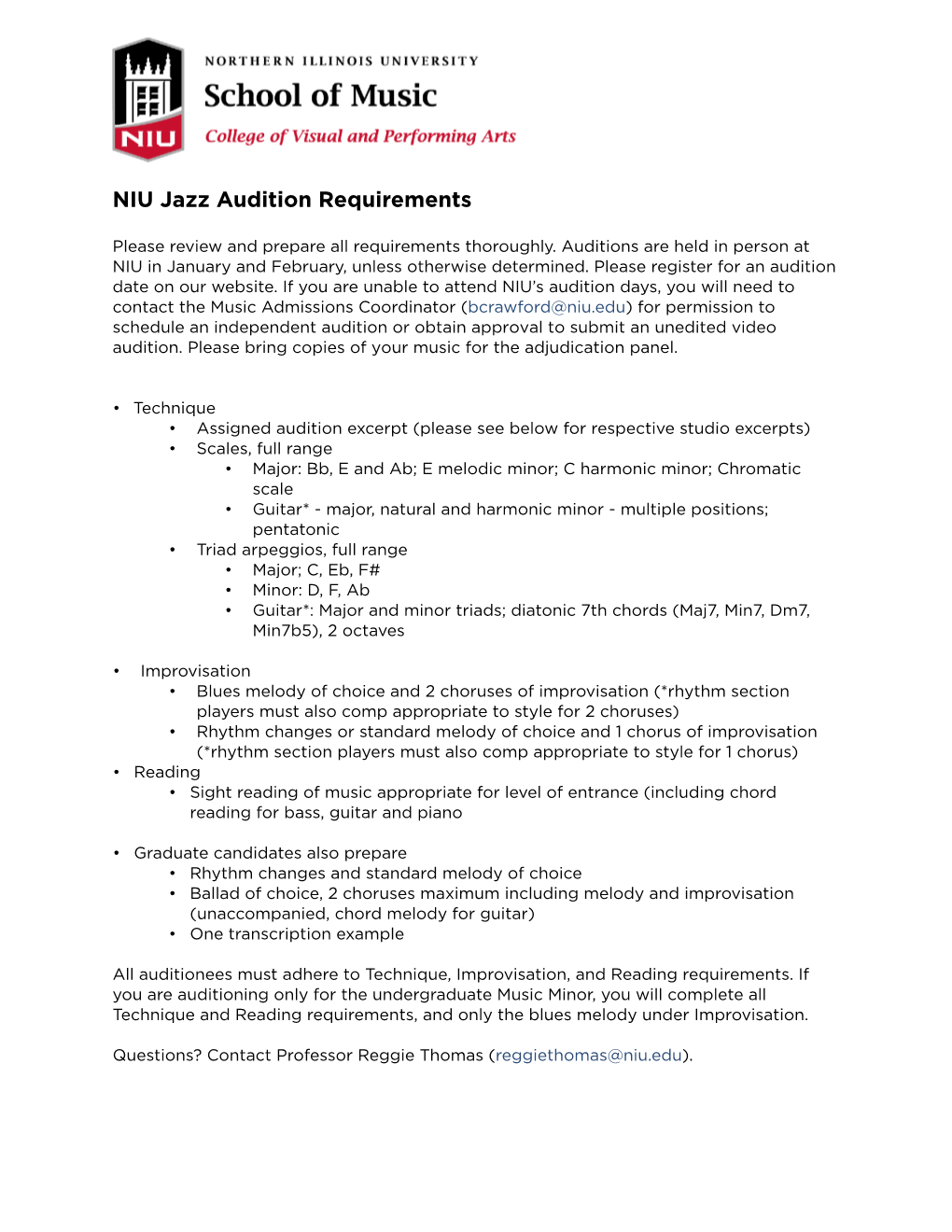 NIU Jazz Audition Requirements
