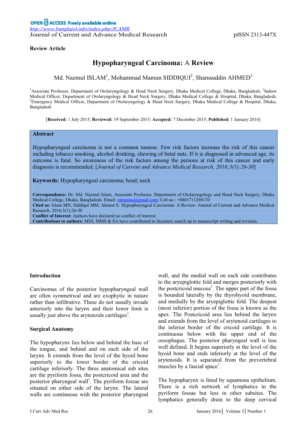 Hypopharyngeal Carcinoma: a Review