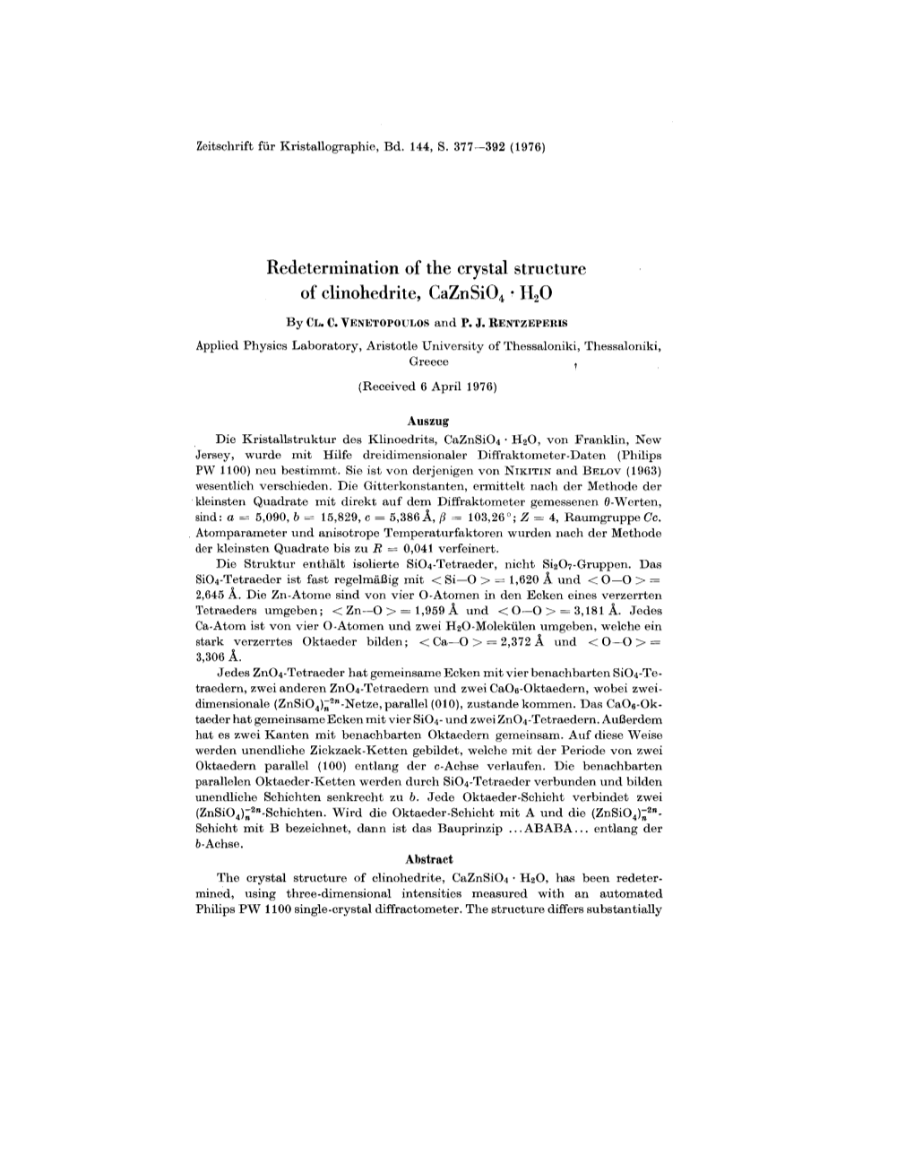 Redetermination of the Crystal Structure of Clinohedrite, Caznsi04