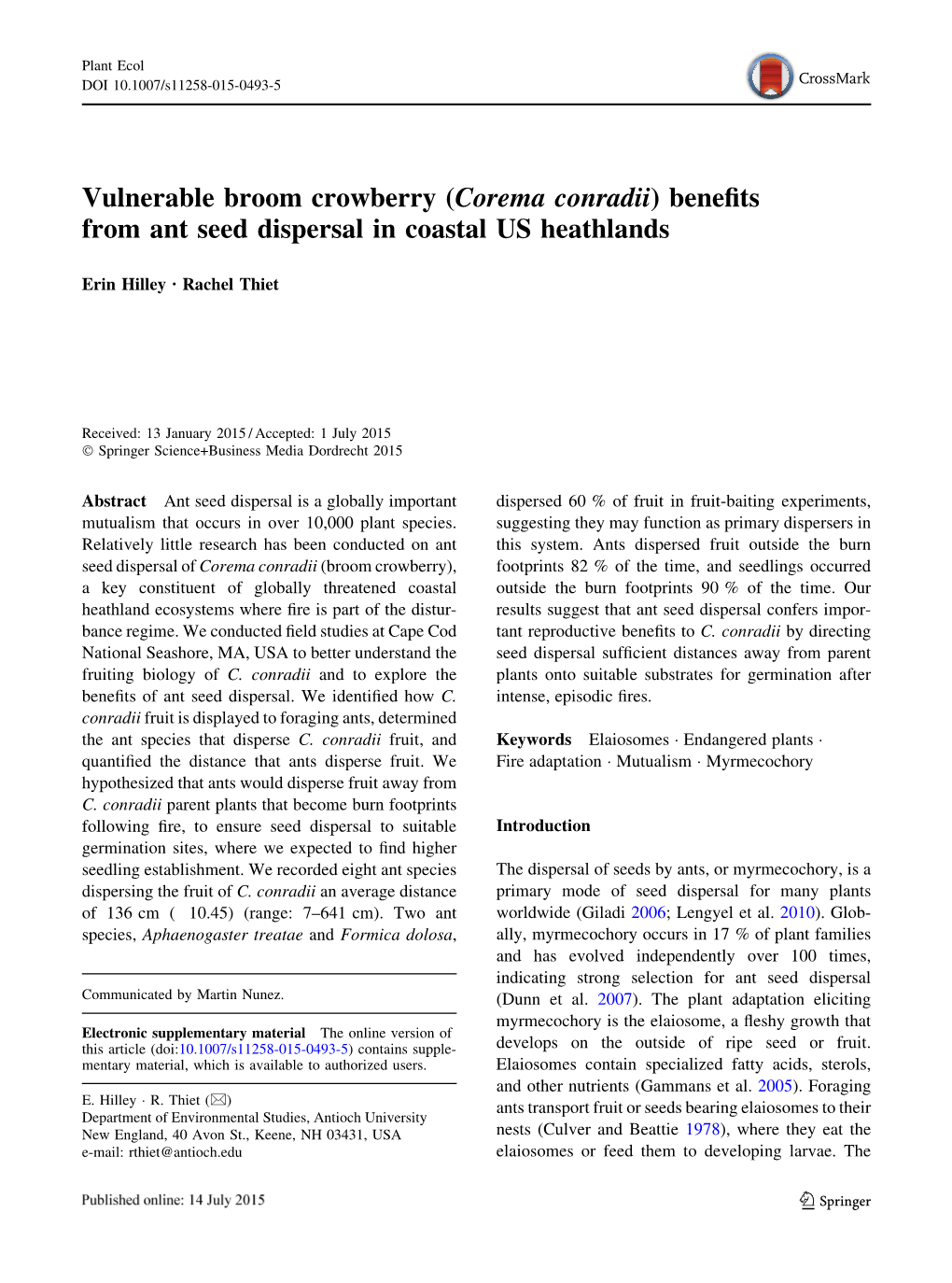 Corema Conradii) Beneﬁts from Ant Seed Dispersal in Coastal US Heathlands