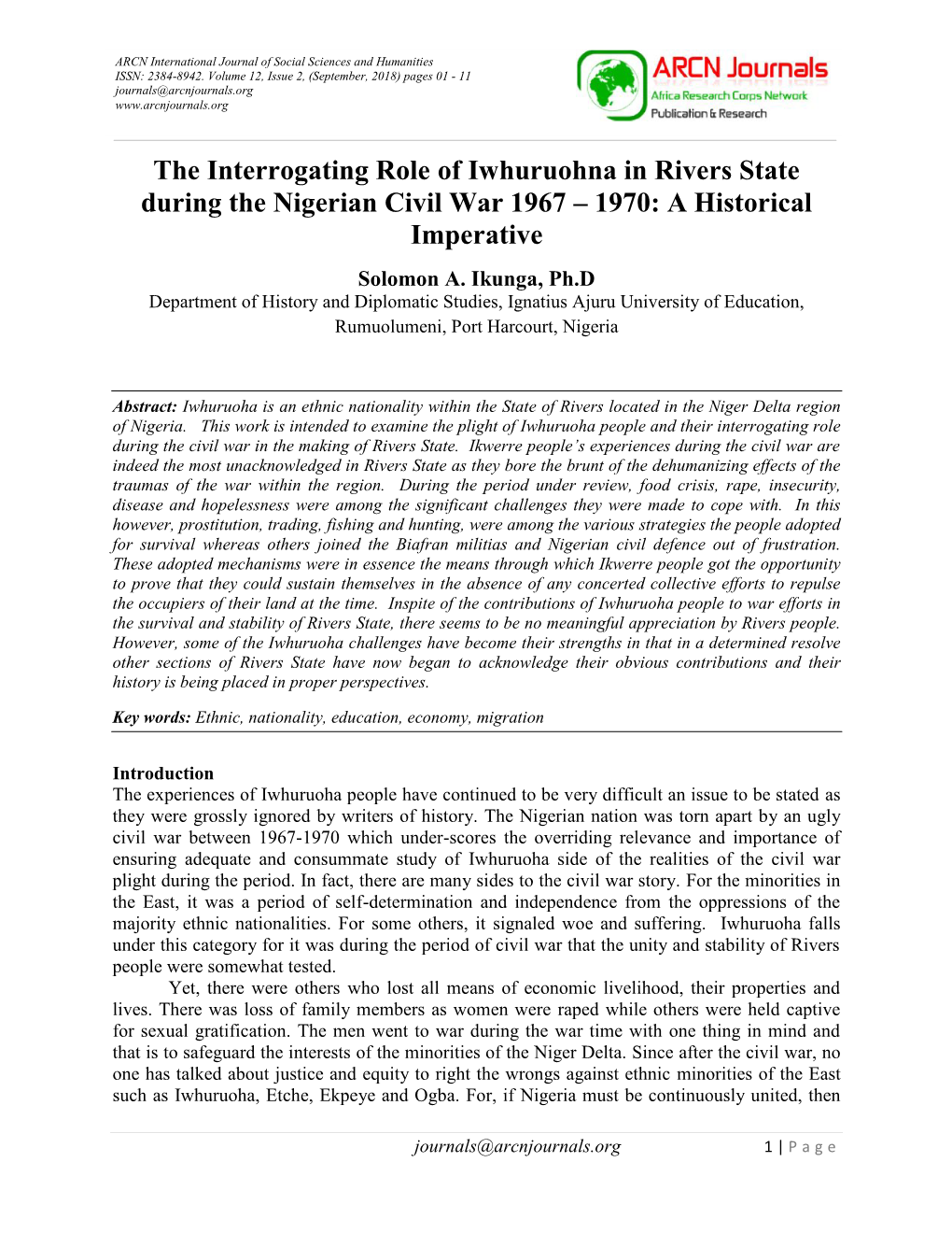 The Interrogating Role of Iwhuruohna in Rivers State During the Nigerian Civil War 1967 – 1970: a Historical Imperative Solomon A