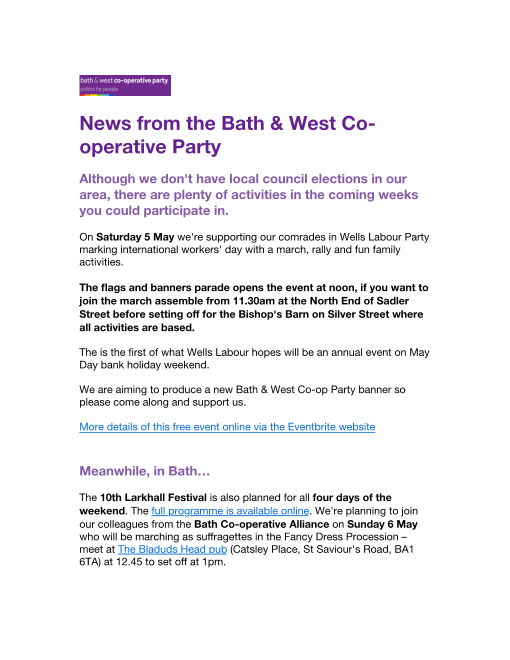 News from the Bath & West Co- Operative Party