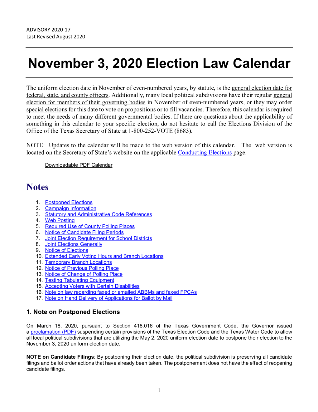 November 3, 2020 Election Law Calendar