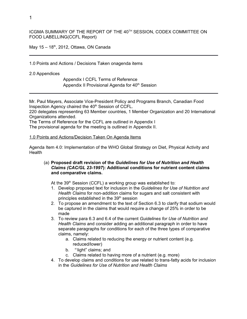 ICGMA SUMMARY of the REPORT of the 40TH SESSION, CODEX COMMITTEE on FOOD LABELLING(CCFL Report)