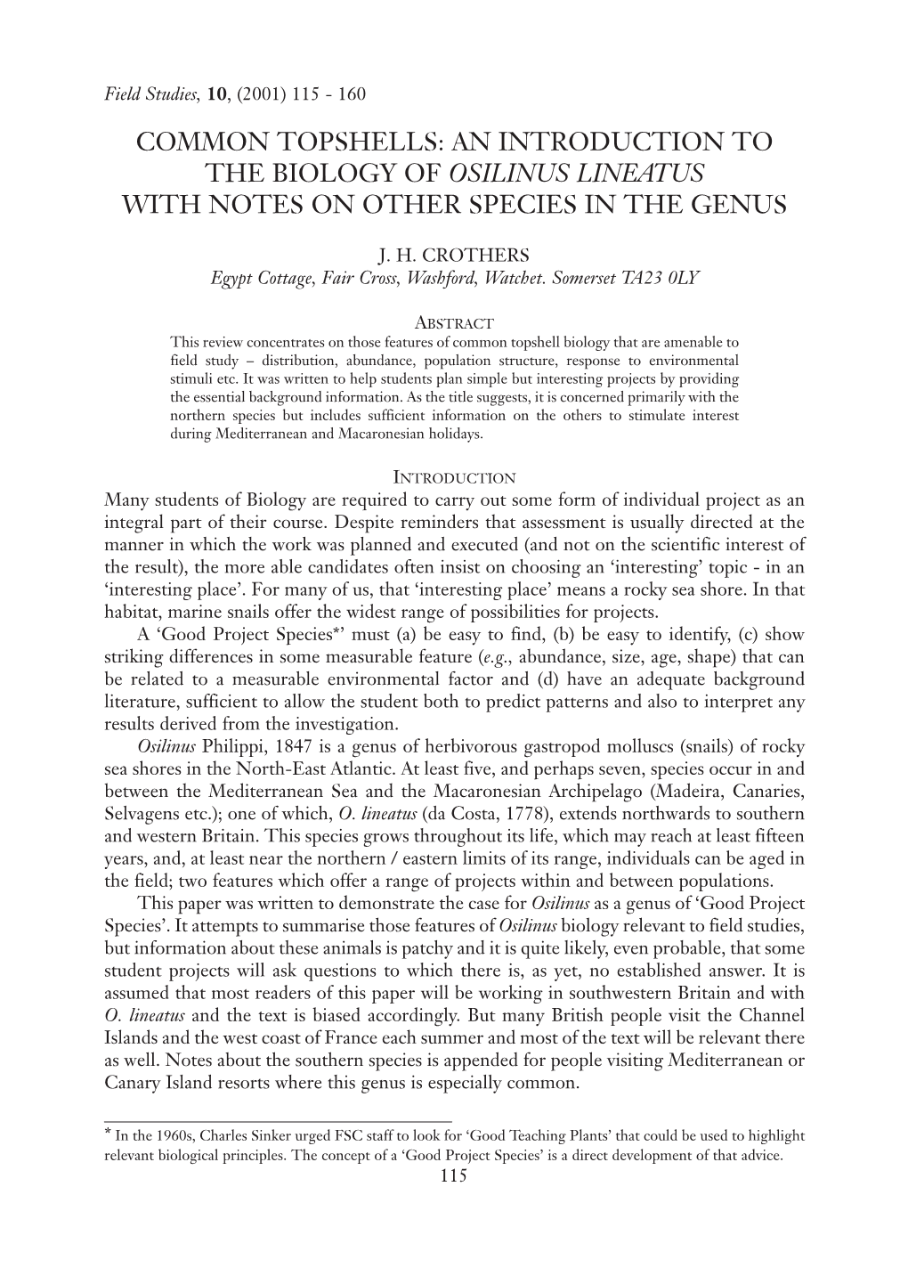 Common Topshells: an Introduction to the Biology of Osilinus Lineatus with Notes on Other Species in the Genus