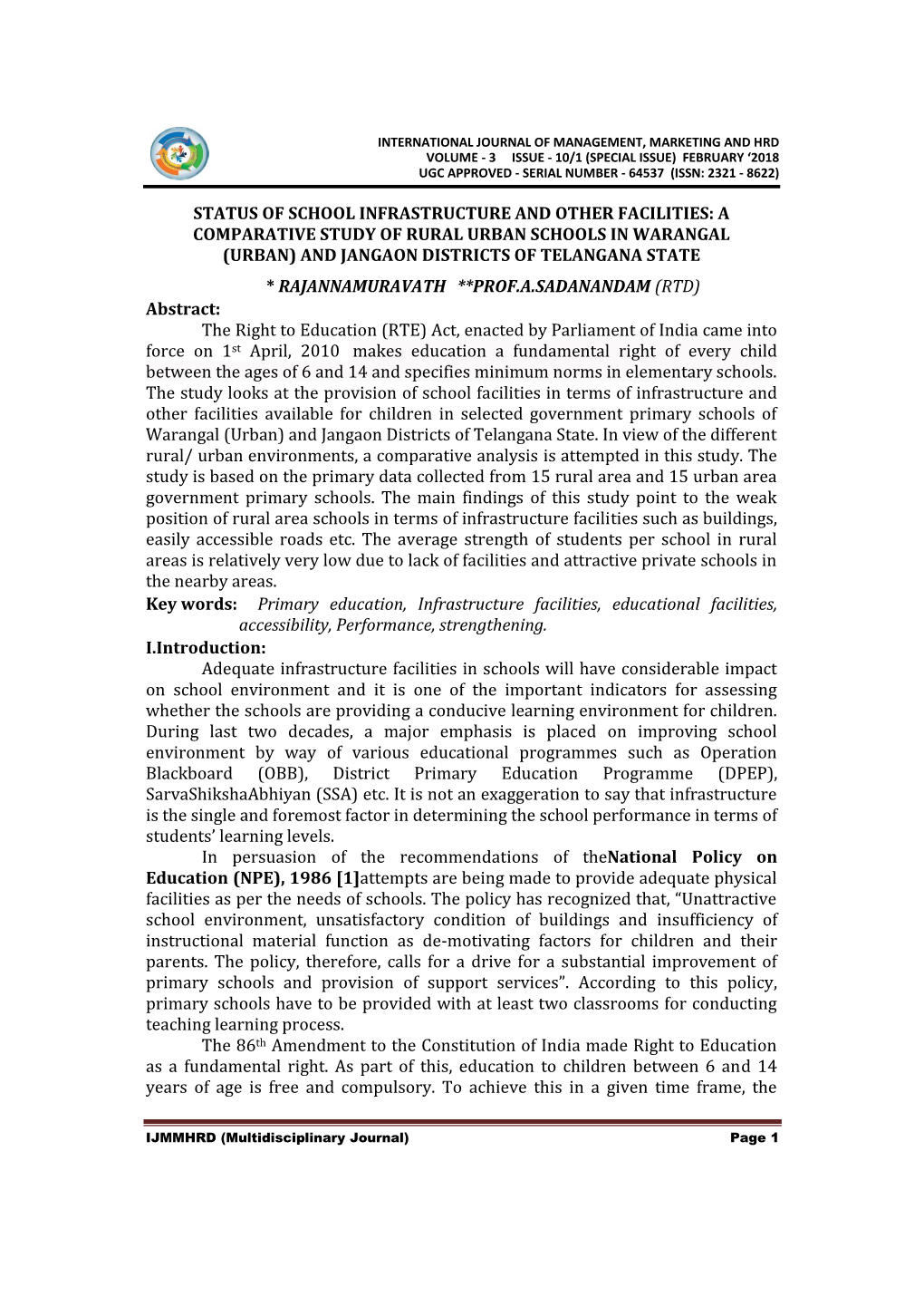 A Comparative Study of Rural Urban Schools in Warangal (Urban) and Jangaon Districts of Telangana State