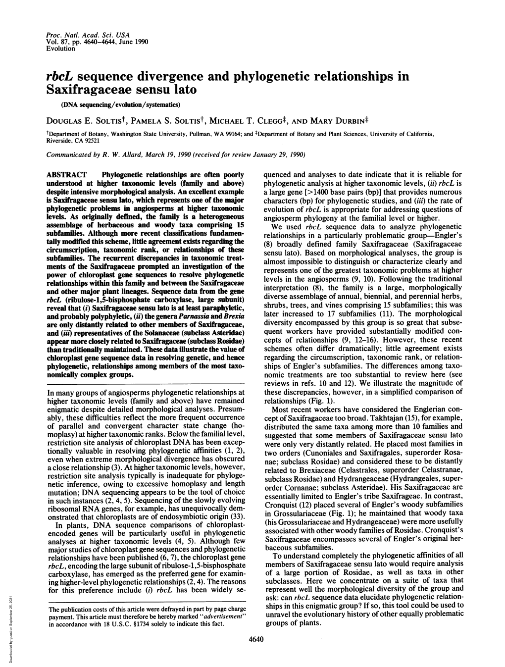 Saxifragaceae Sensu Lato (DNA Sequencing/Evolution/Systematics) DOUGLAS E