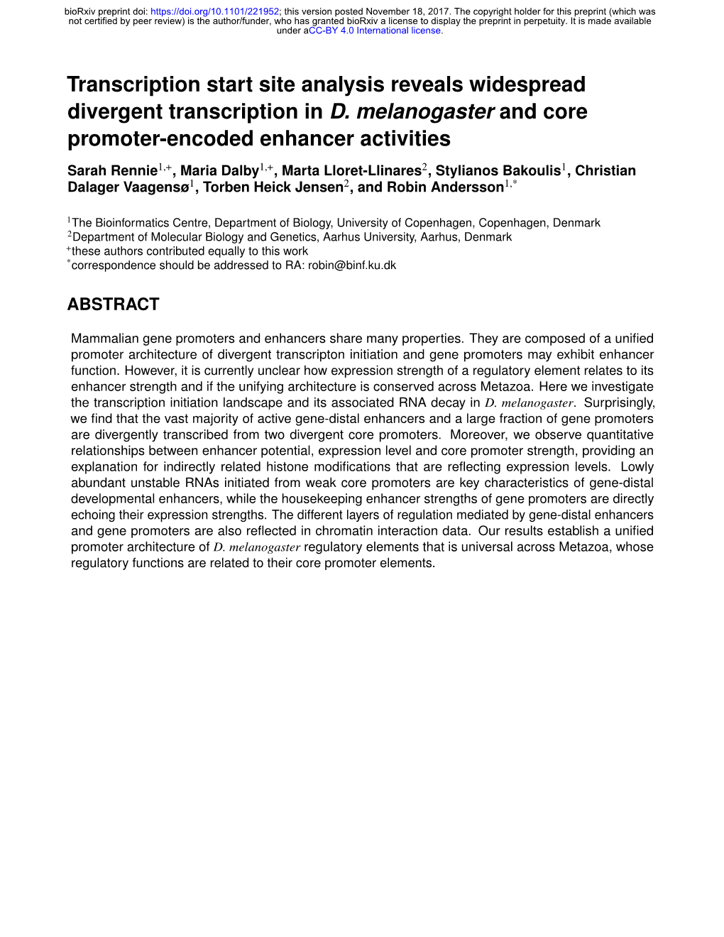 Transcription Start Site Analysis Reveals Widespread Divergent Transcription in D. Melanogaster and Core Promoter-Encoded Enhanc