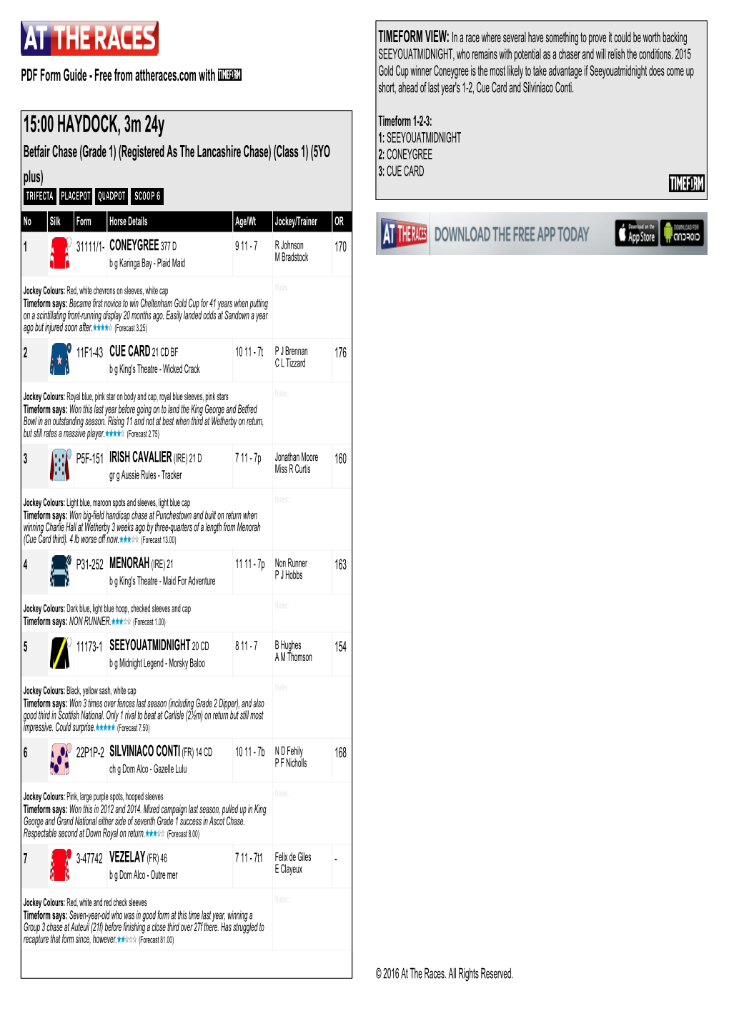 15:00 HAYDOCK, 3M 24Y Timeform 1-2-3: 1: SEEYOUATMIDNIGHT Betfair Chase (Grade 1) (Registered As the Lancashire Chase) (Class 1) (5YO 2: CONEYGREE Plus) 3: CUE CARD