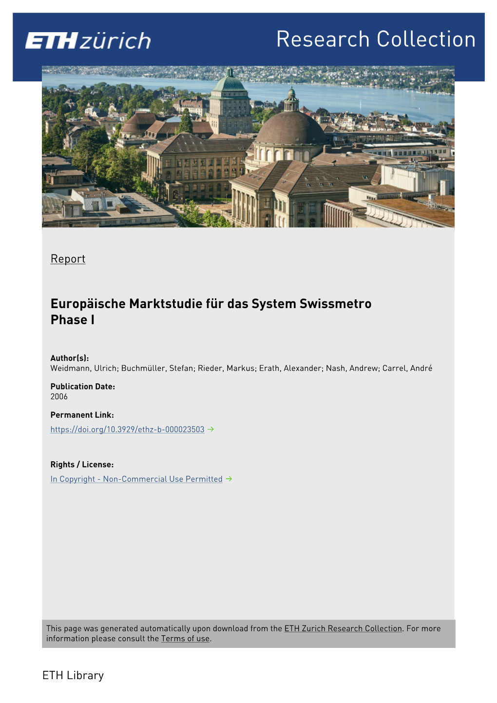 Europäische Marktstudie Für Das System Swissmetro Phase I