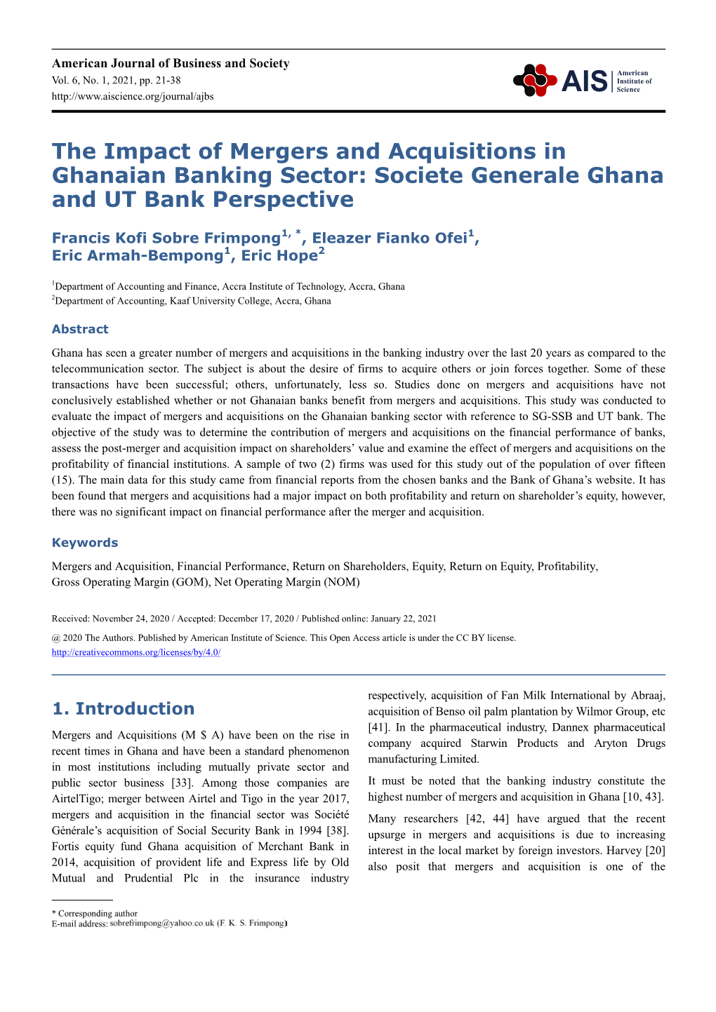 The Impact of Mergers and Acquisitions in Ghanaian Banking Sector: Societe Generale Ghana and UT Bank Perspective
