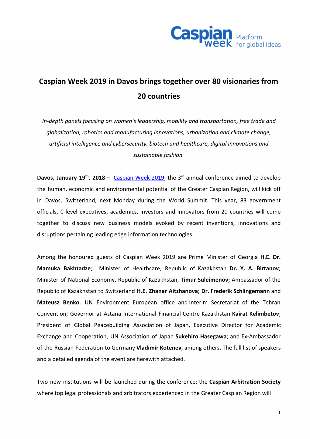 Caspian Week 2019 in Davos Brings Together Over 80 Visionaries from 20 Countries