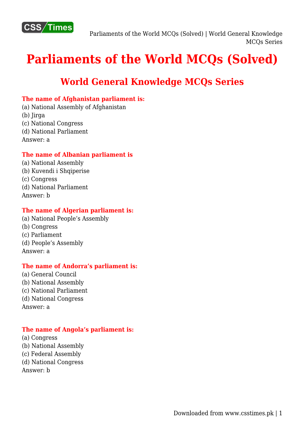 Parliaments of the World Mcqs (Solved) | World General Knowledge Mcqs Series Parliaments of the World Mcqs (Solved)
