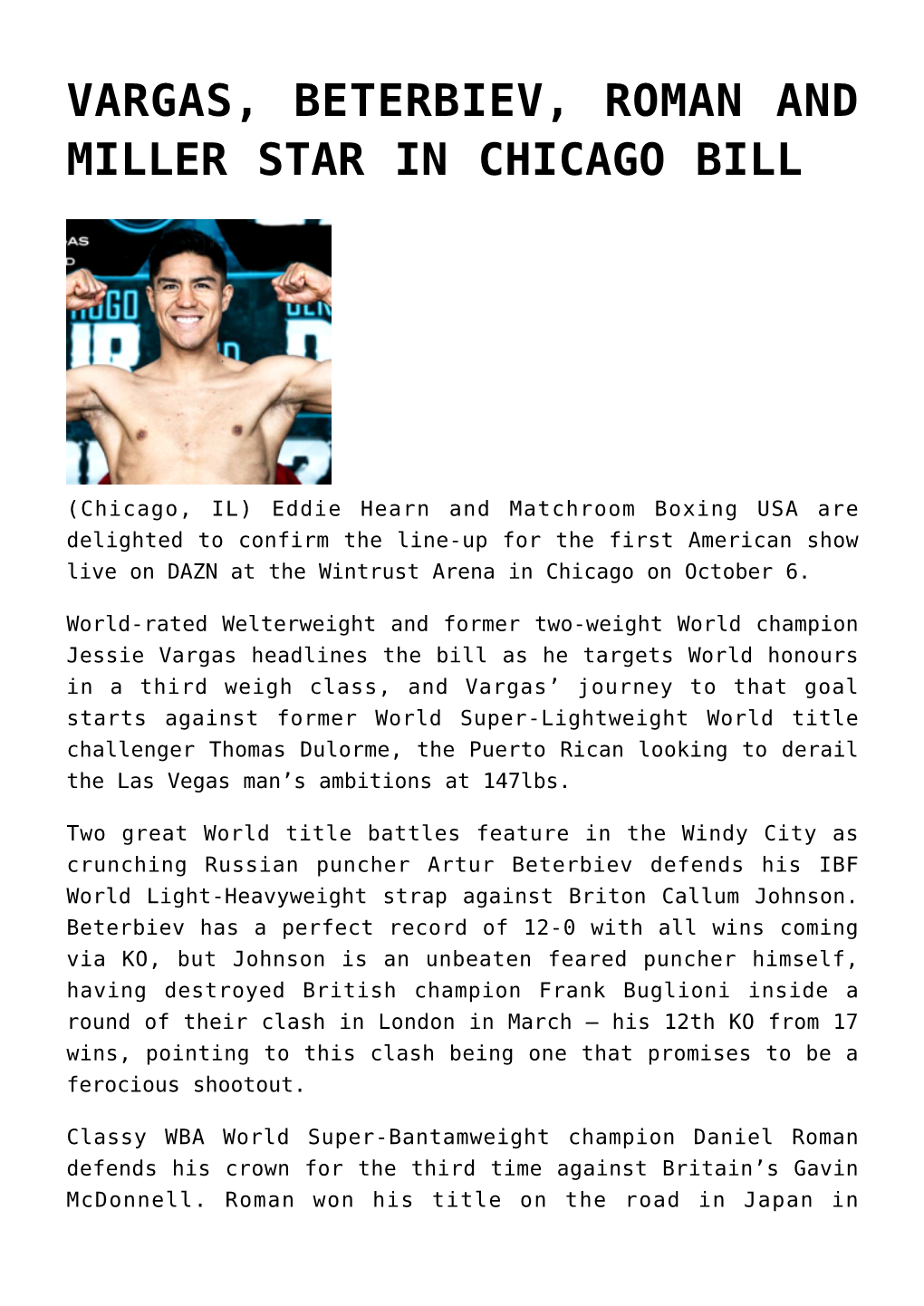 Vargas, Beterbiev, Roman and Miller Star in Chicago Bill