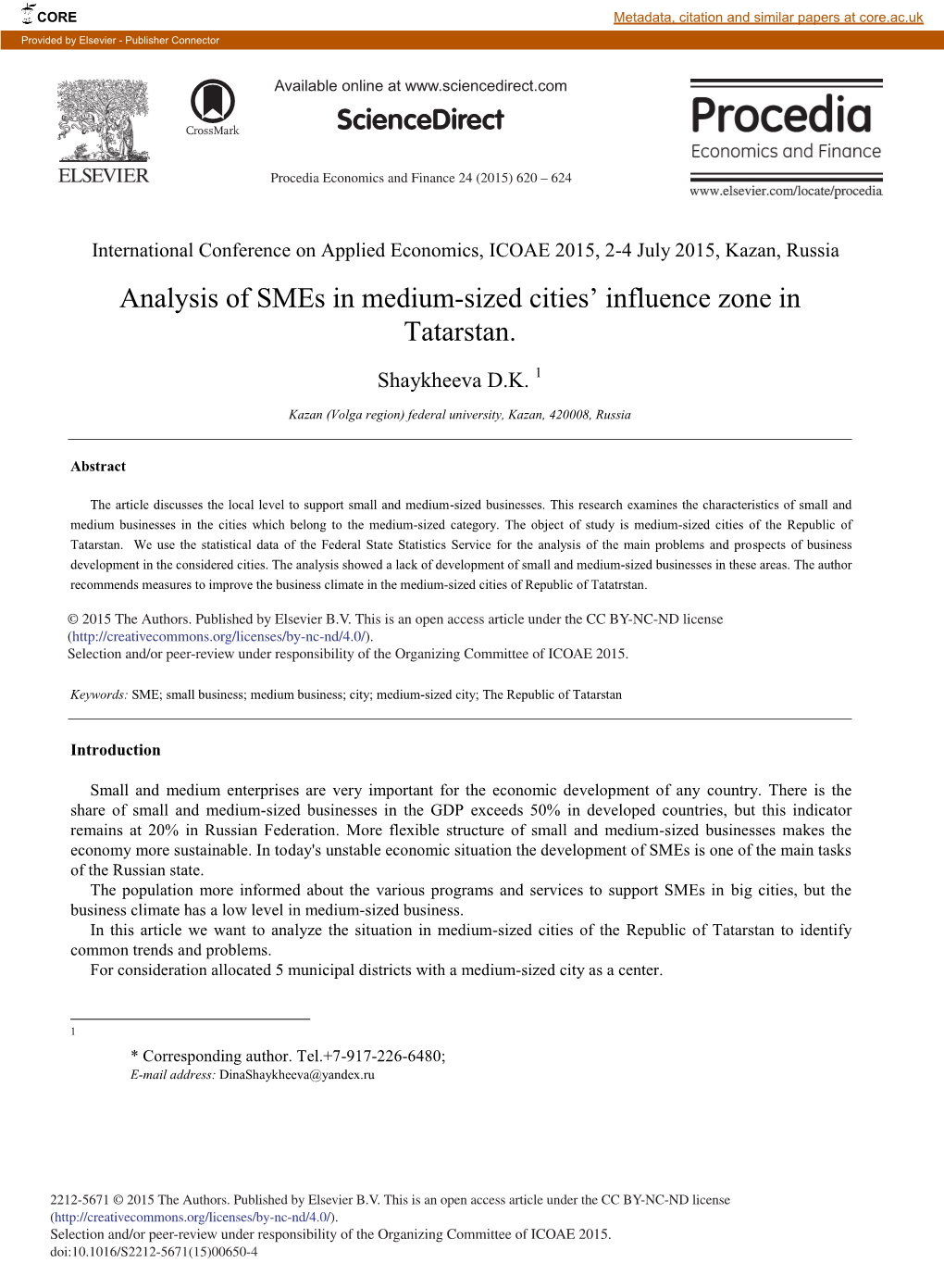 Analysis of Smes in Medium-Sized Cities' Influence Zone In