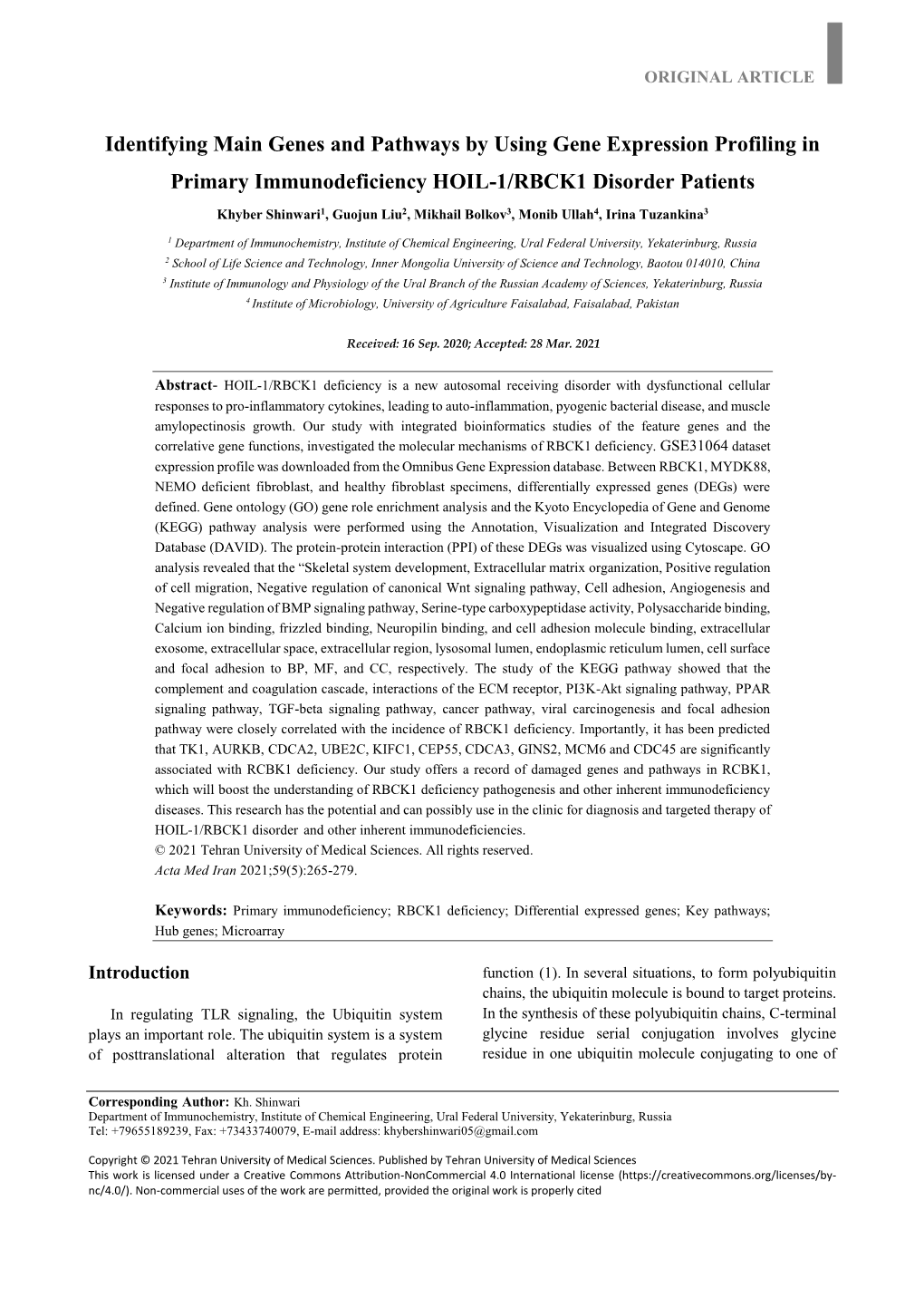 Identifying Main Genes and Pathways by Using Gene Expression Profiling in Primary Immunodeficiency HOIL-1/RBCK1 Disorder Patients