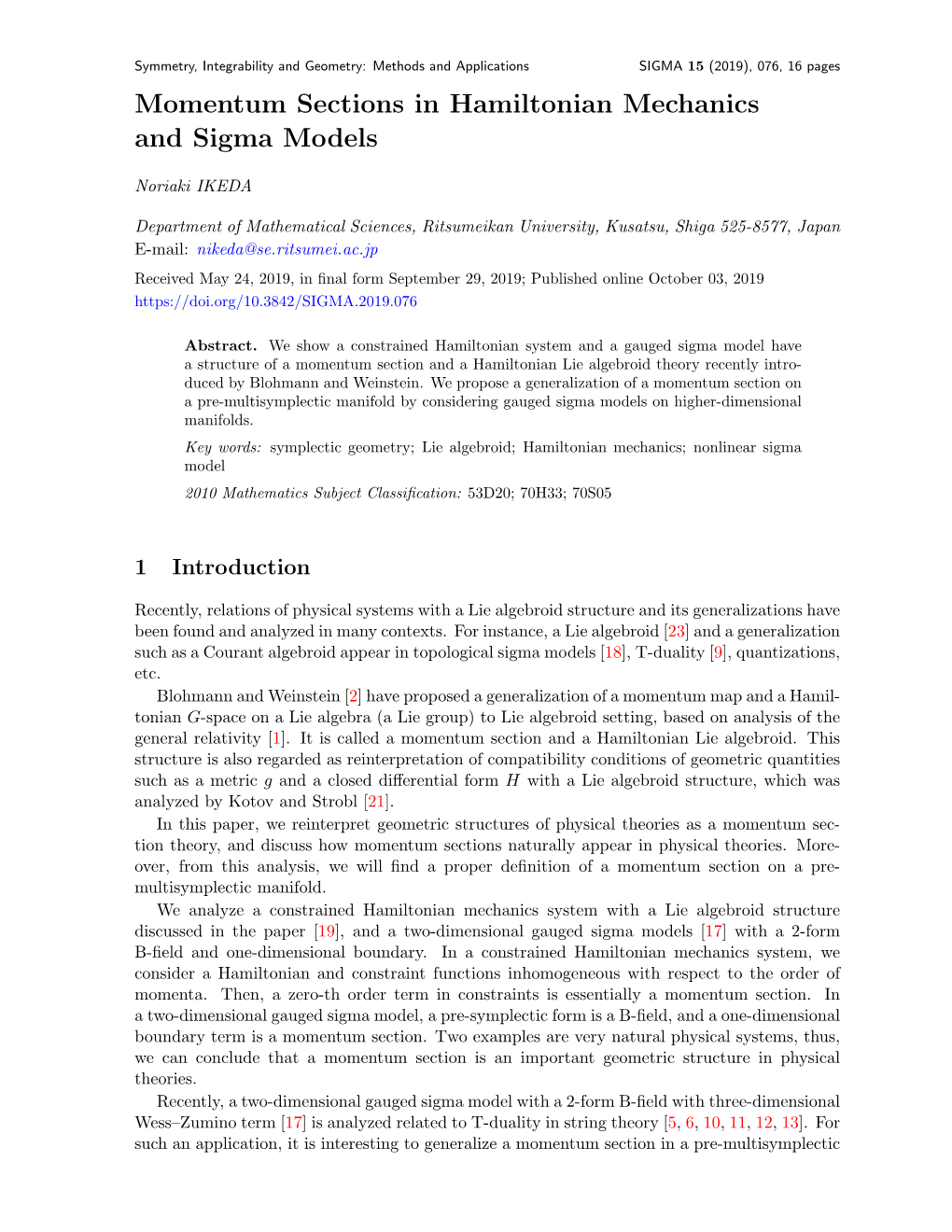 Momentum Sections in Hamiltonian Mechanics and Sigma Models