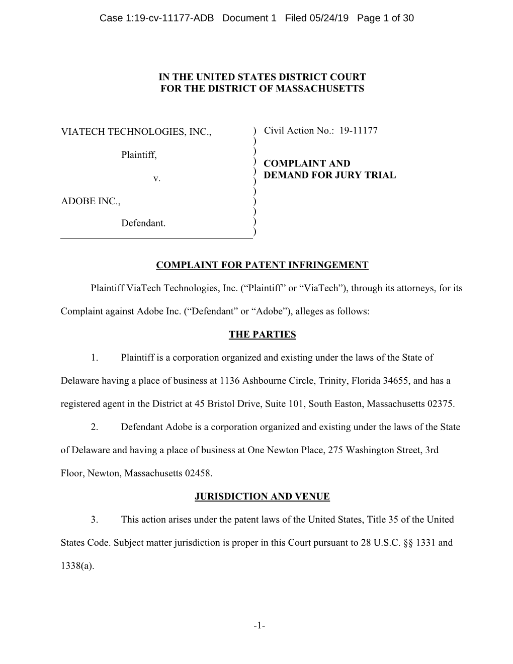 1- in the UNITED STATES DISTRICT COURT for the DISTRICT of MASSACHUSETTS VIATECH TECHNOLOGIES, INC., Plaintiff, V. ADOBE INC