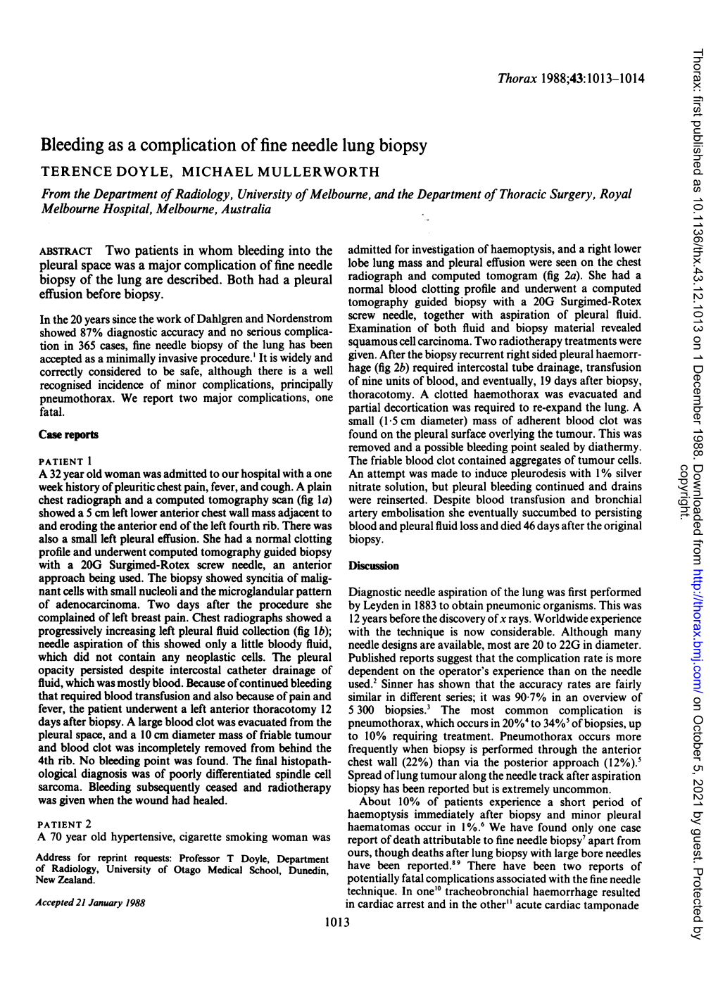 Bleeding As a Complication of Fine Needle Lung Biopsy