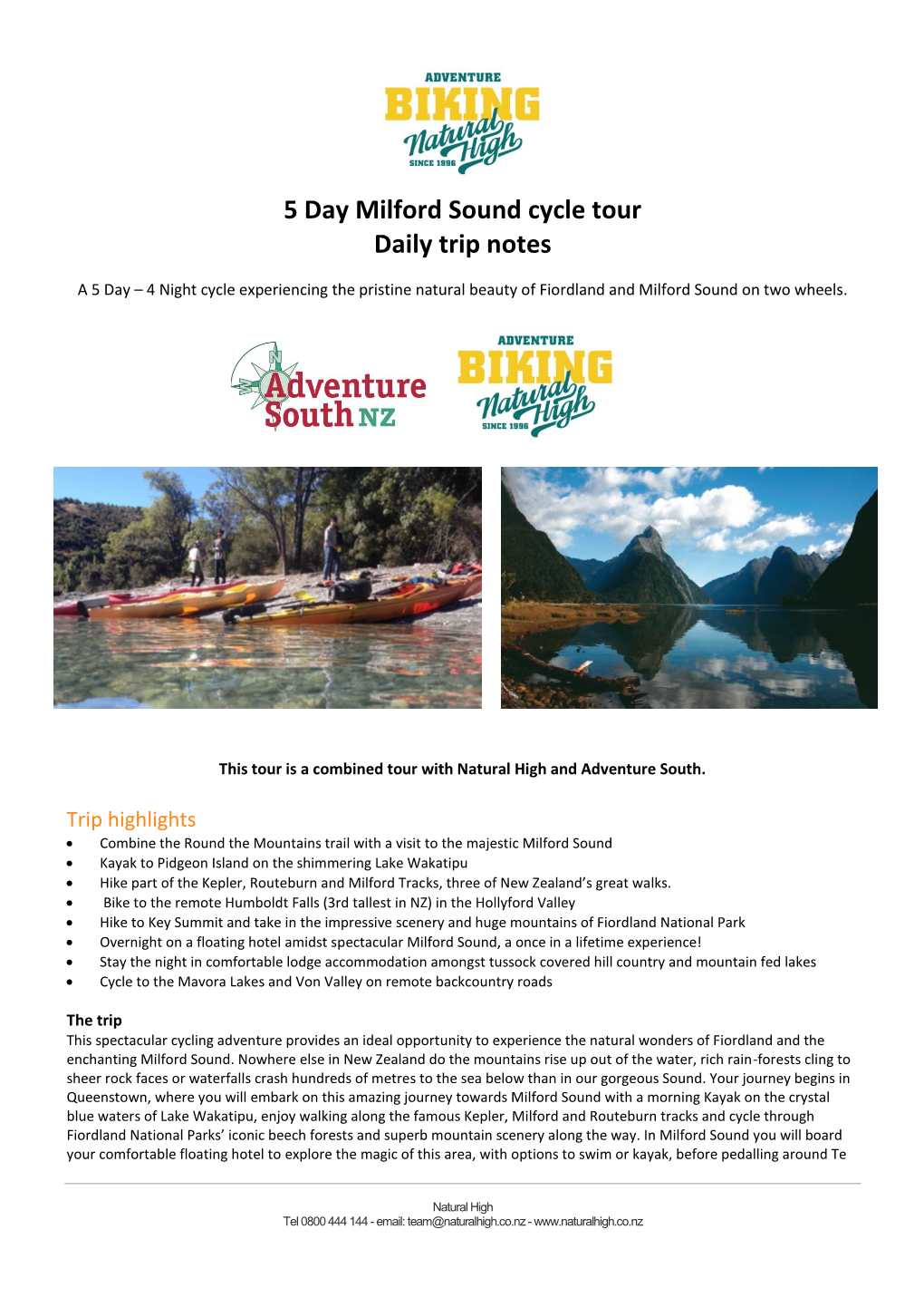 5 Day Milford Sound Cycle Tour Daily Trip Notes