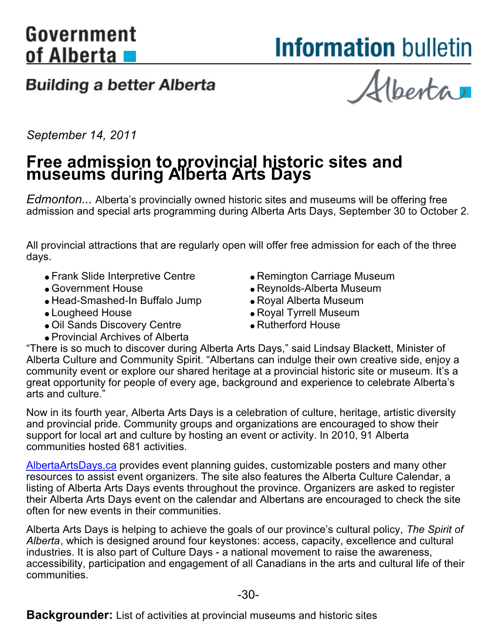 Free Admission to Provincial Historic Sites and Museums During Alberta Arts Days