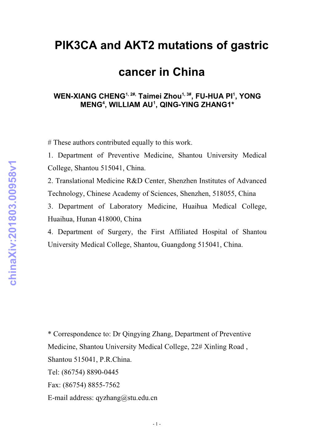 PIK3CA and AKT2 Mutations of Gastric Cancer in China