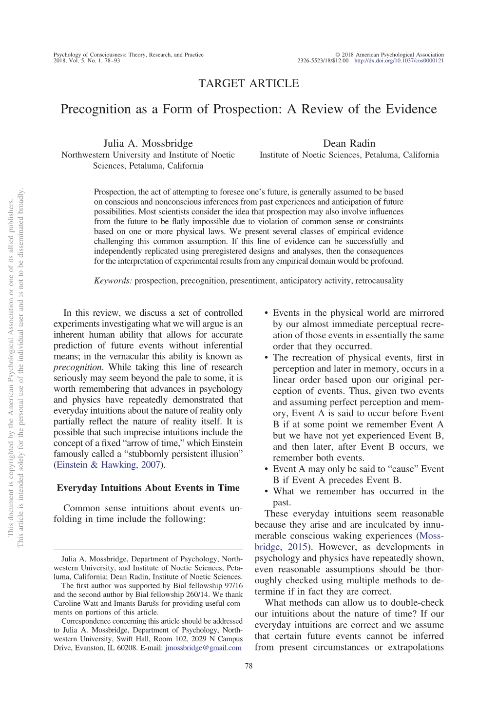 Precognition As a Form of Prospection: a Review of the Evidence