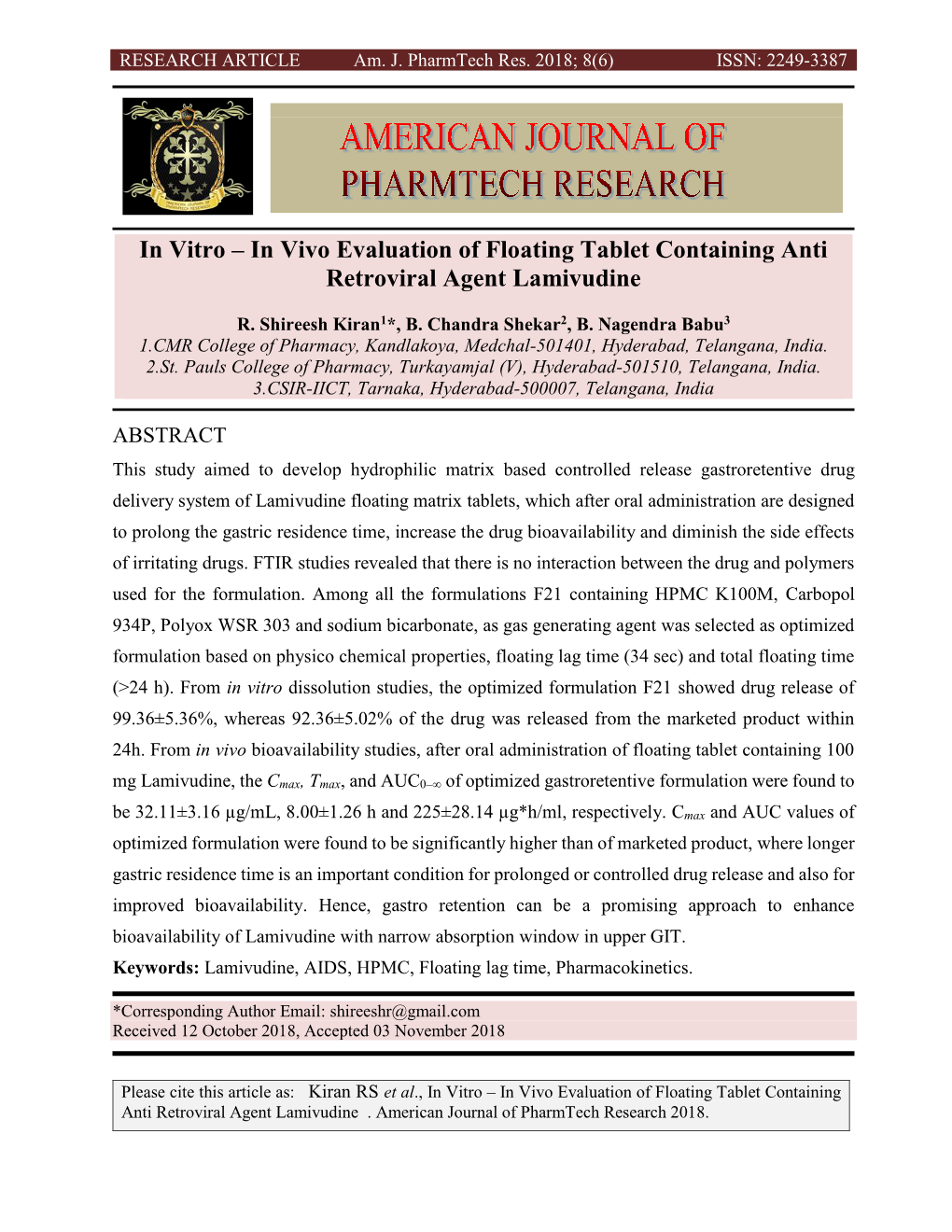 In Vivo Evaluation of Floating Tablet Containing Anti Retroviral Agent Lamivudine