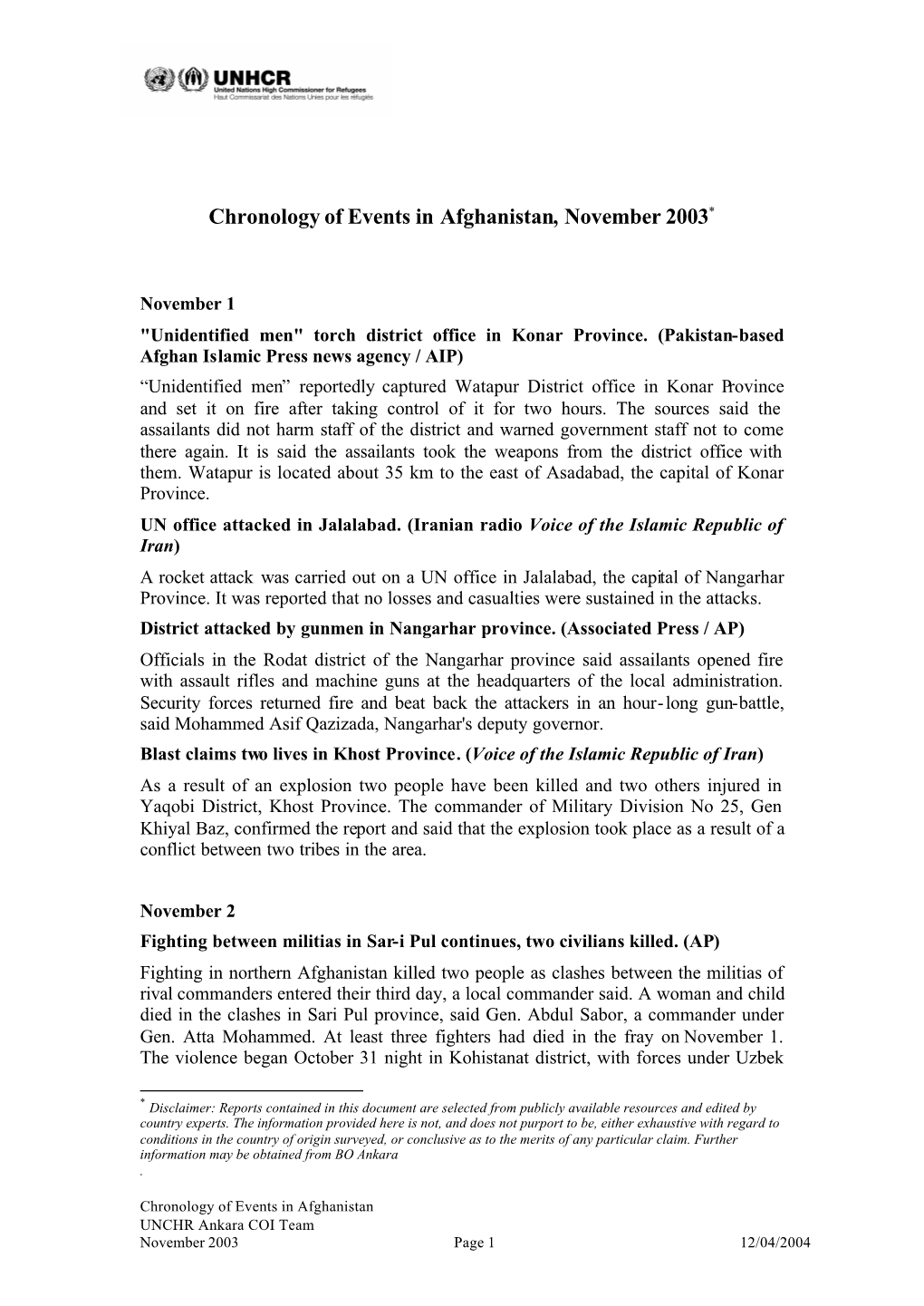 Chronology of Events in Afghanistan, November 2003*