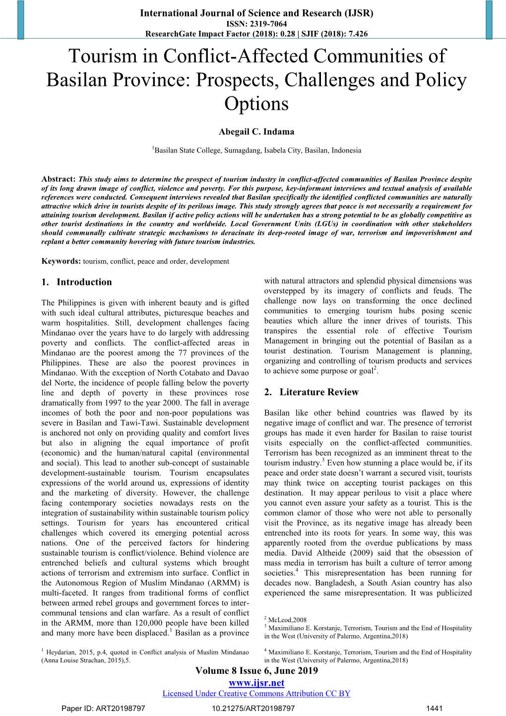 Tourism in Conflict-Affected Communities of Basilan Province: Prospects, Challenges and Policy Options