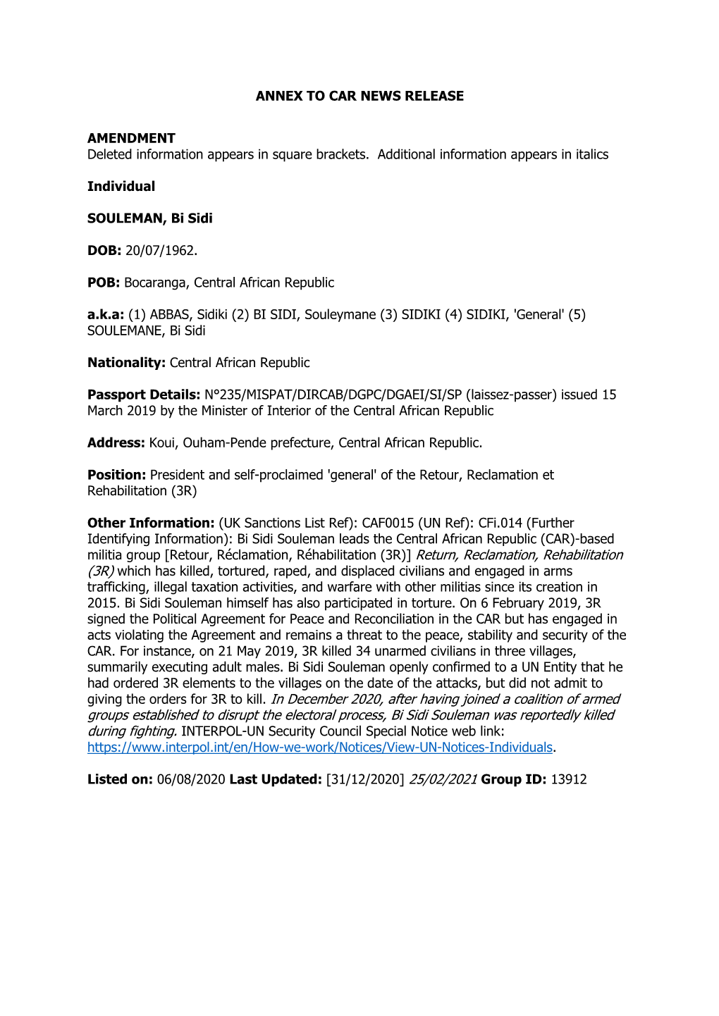 Annex to Financial Sanctions: Central African Republic 25.02.21