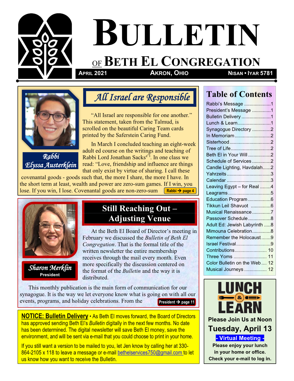 Beth El Congregation April 2021 Akron, Ohio Nisan • Iyar 5781