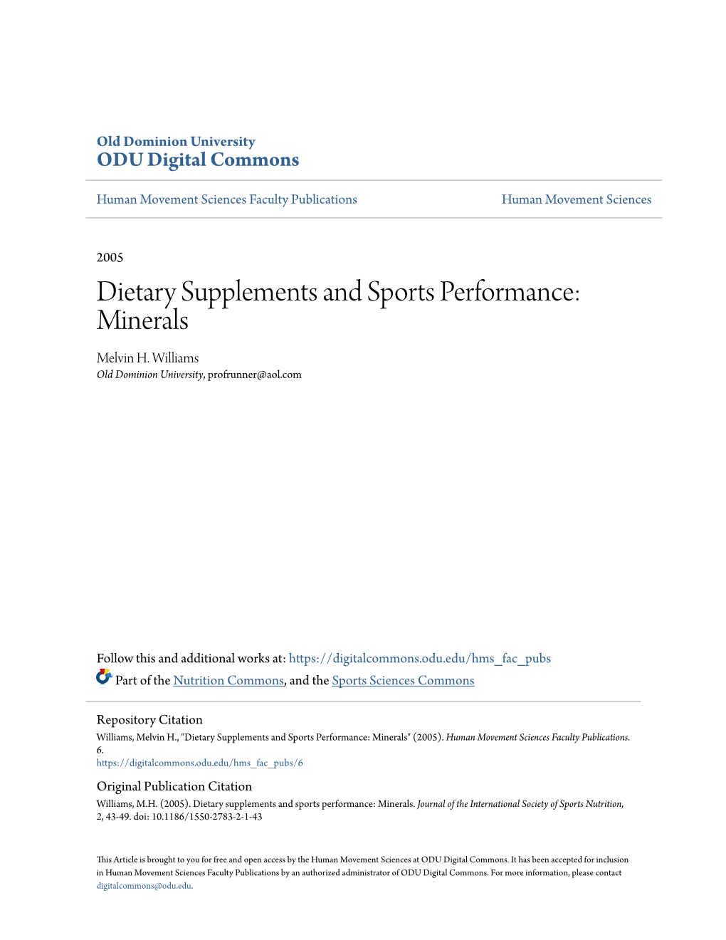 Dietary Supplements and Sports Performance: Minerals Melvin H