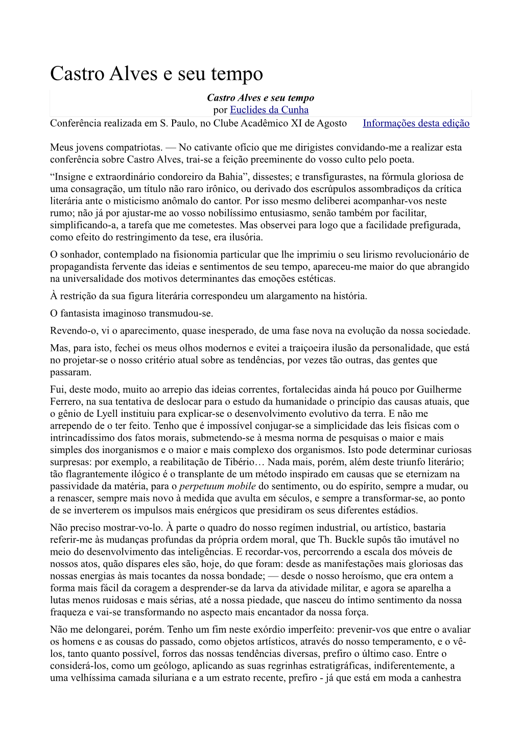 Castro Alves E Seu Tempo Castro Alves E Seu Tempo Por Euclides Da Cunha Conferência Realizada Em S