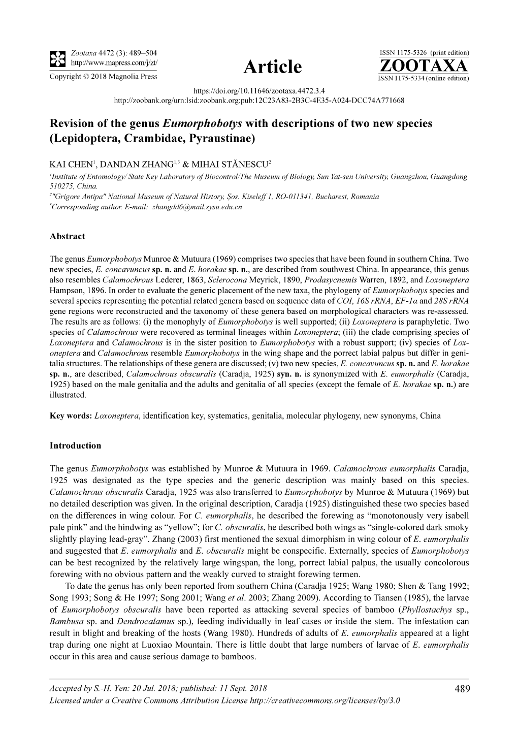 Revision of the Genus Eumorphobotys with Descriptions of Two New Species (Lepidoptera, Crambidae, Pyraustinae)