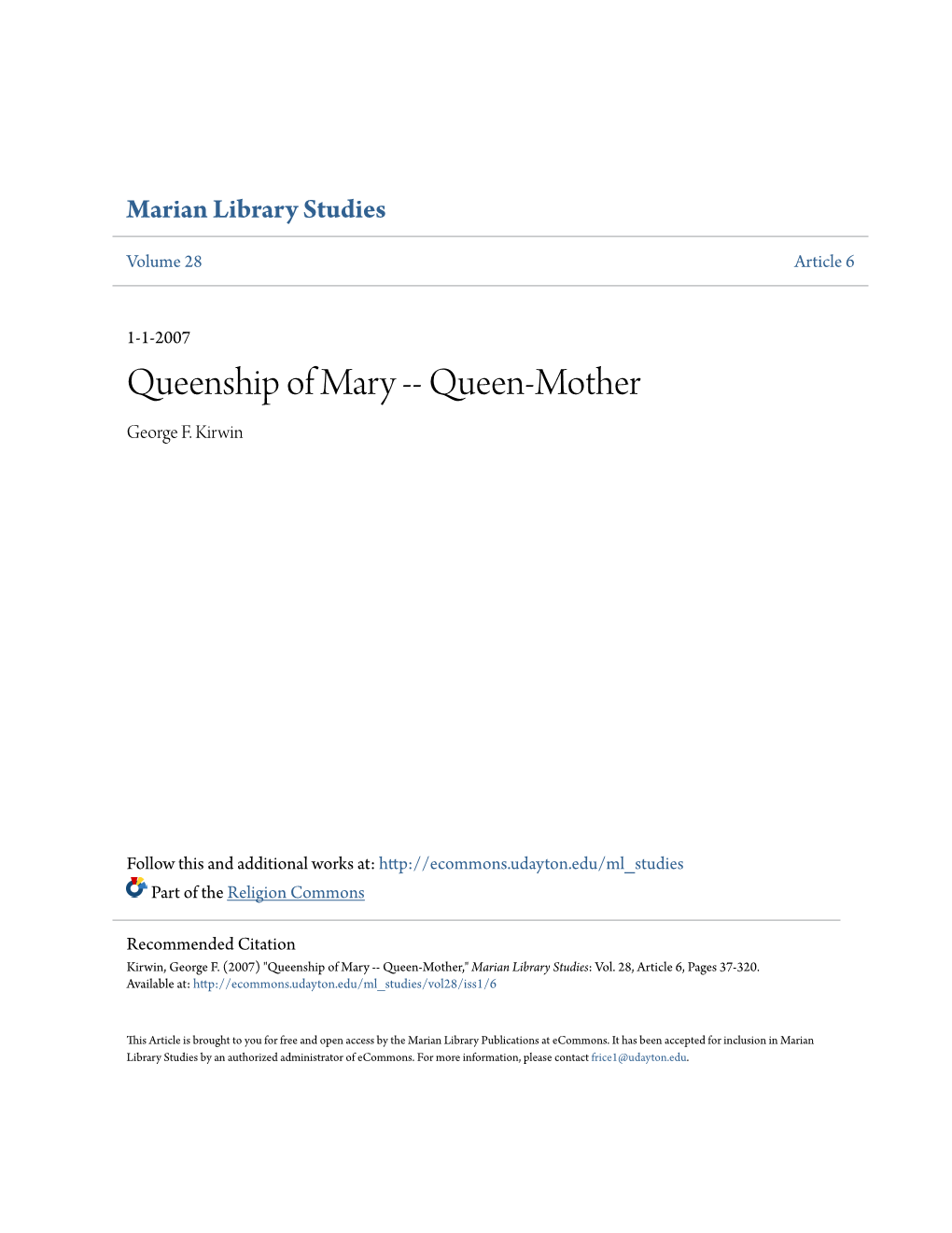 Queenship of Mary -- Queen-Mother George F