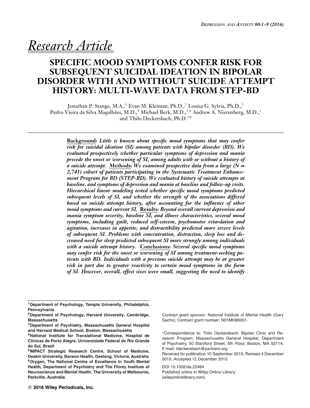 Specific Mood Symptoms Confer Risk for Subsequent Suicidal Ideation in Bipolar Disorder with and Without Suicide Attempt History: Multi-Wave Data from Step-Bd